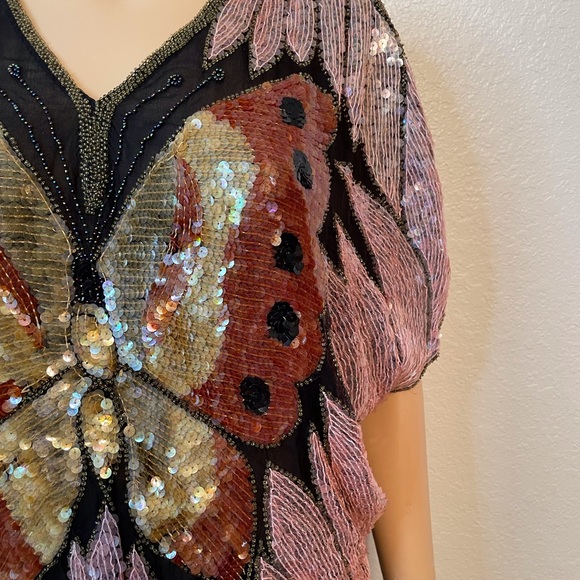 80’s Joan Crawford glamorous vintage handmade sequin beaded butterfly v-n tunic! - Picture 5 of 13